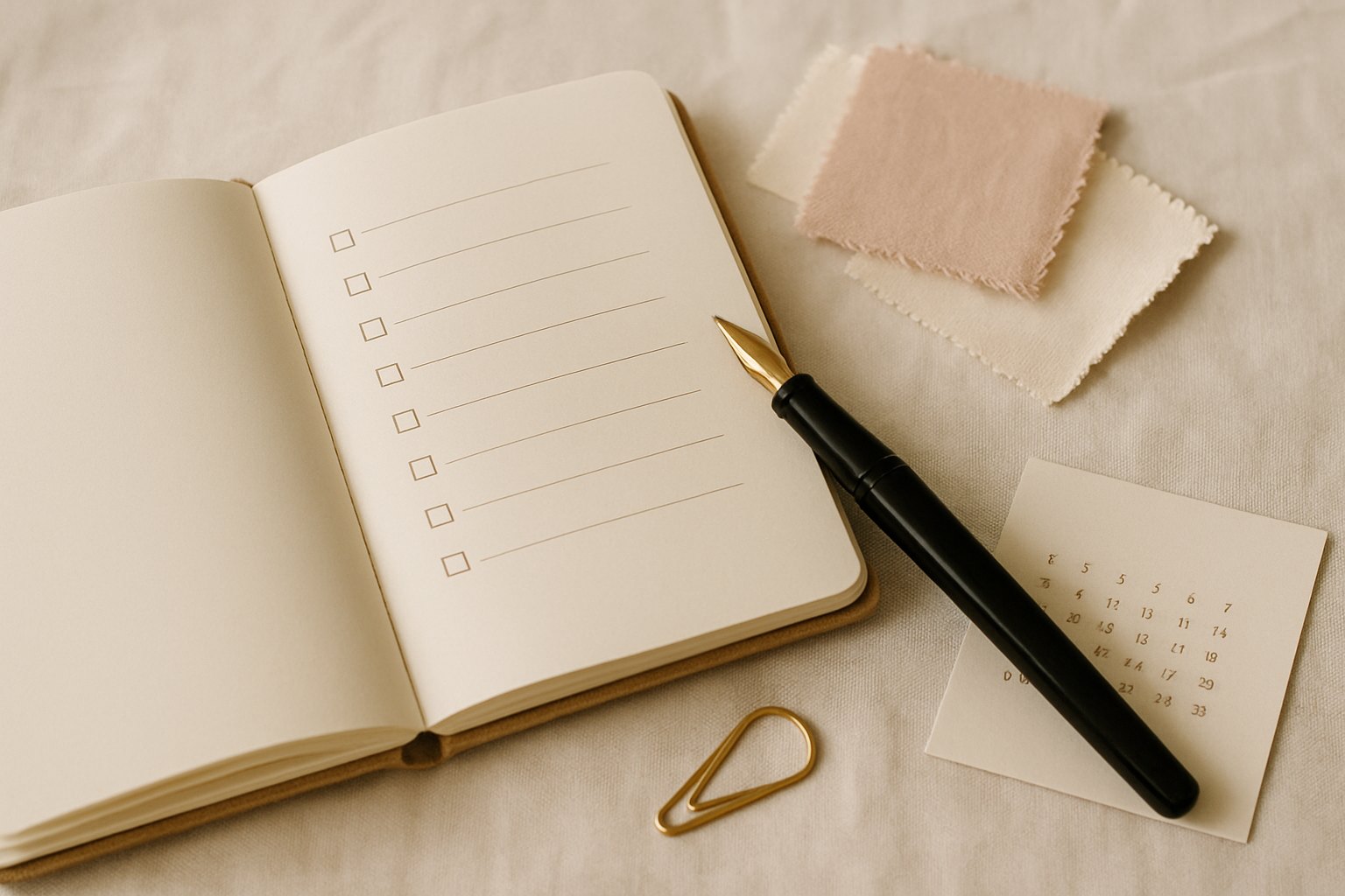 Aufgeschlagener Hochzeitsplaner mit leerer Checkliste, Füller, kleinem Kalender und Stoffmustern in Creme und Rosé