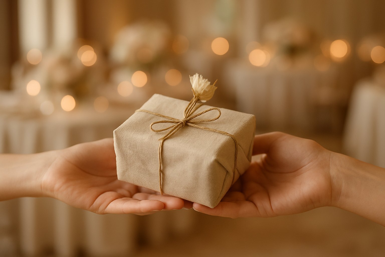 Zwei Hände überreichen ein in Leinen verpacktes Geschenk mit getrockneter Blüte vor einem unscharfen Festsaal