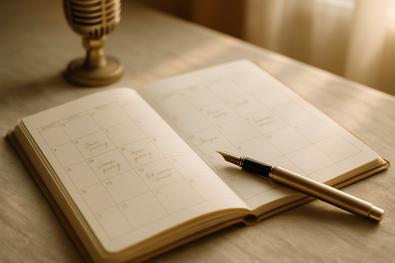 Aufgeschlagener Hochzeitskalender mit handschriftlichen Notizen zur Musik, daneben unscharf ein Mikrofon