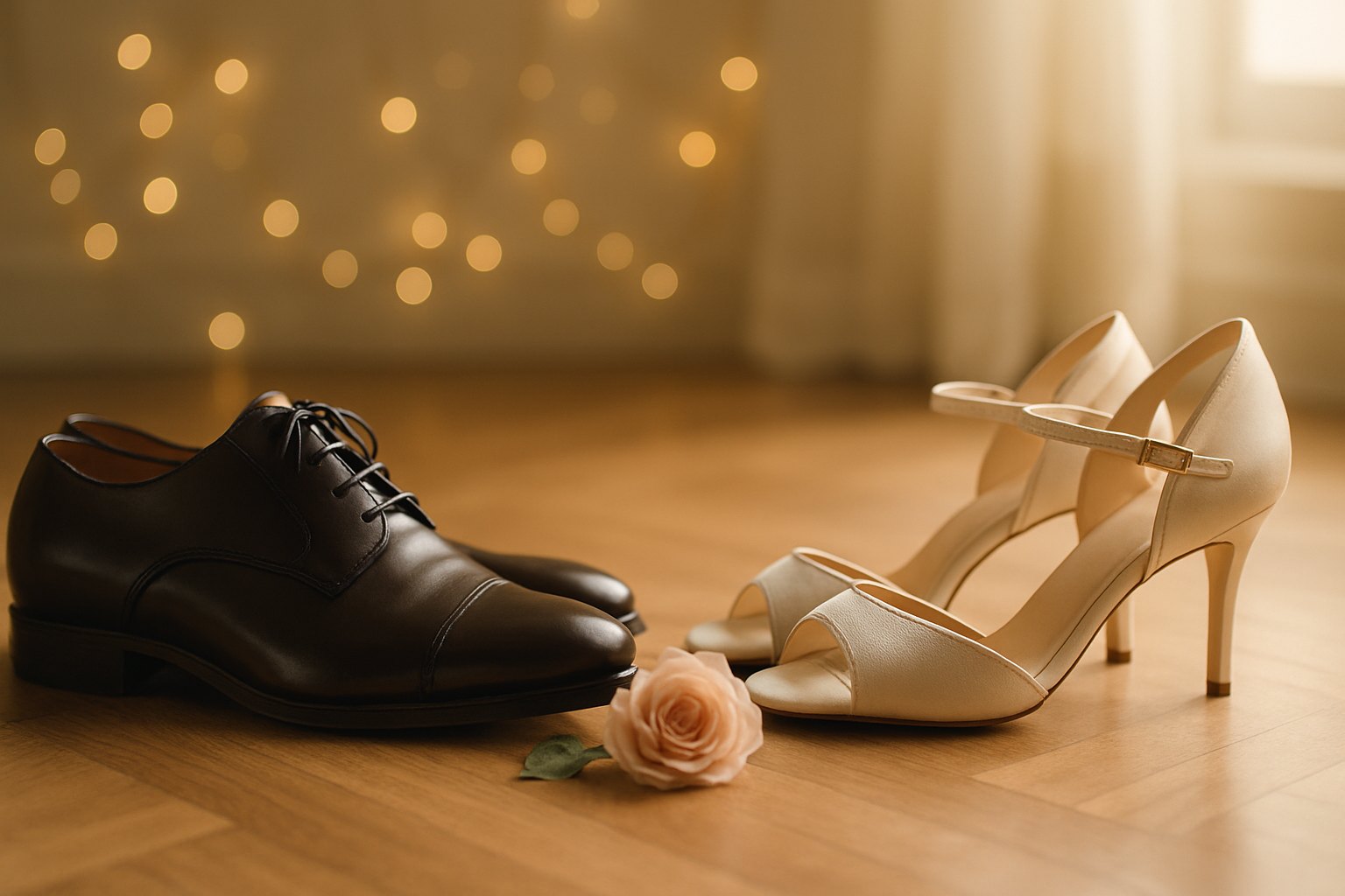 Elegante Herrenschuhe und Brautschuhe einander zugewandt auf Parkett, dazwischen eine einzelne Rose